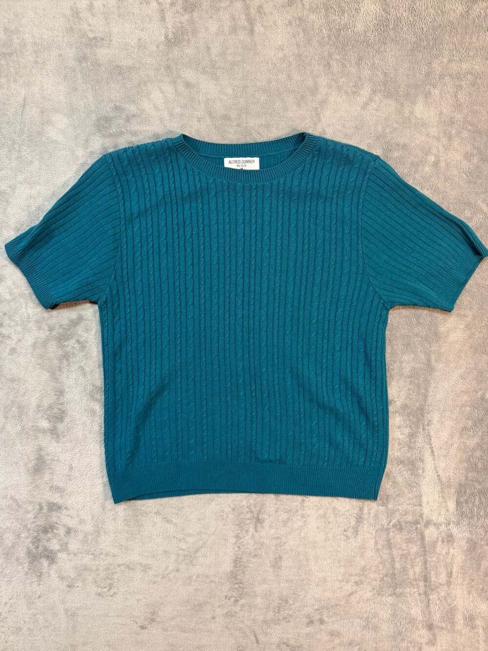 Vnt USA Alfred Dunner Petite Short Sleeve Cable Knit Crew Neck SweaterMediumTeal